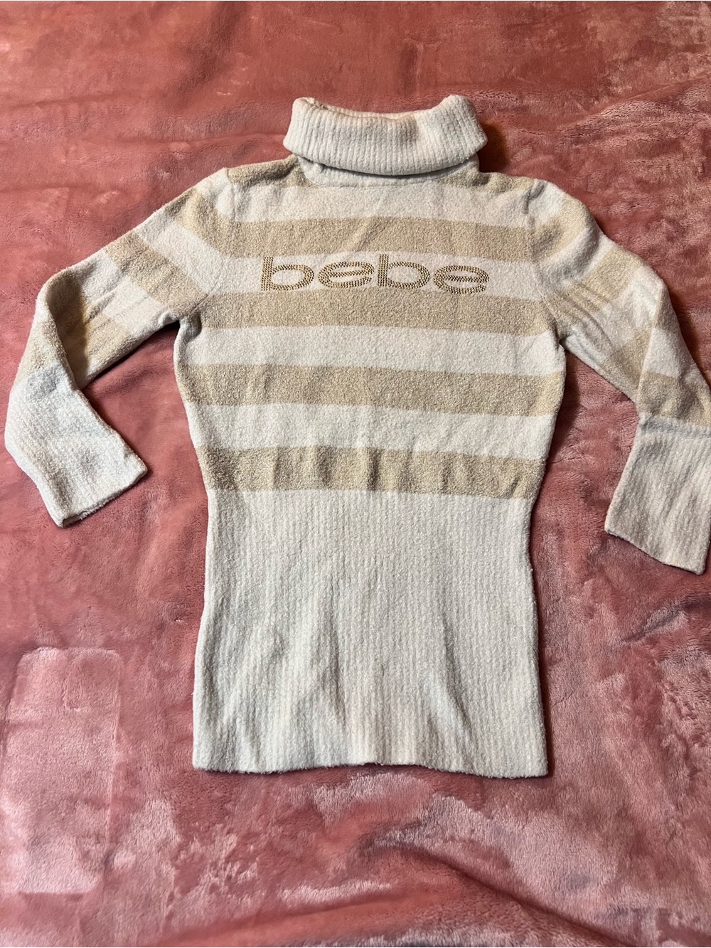 bebe Cream and Tan Striped Turtleneck Sweater